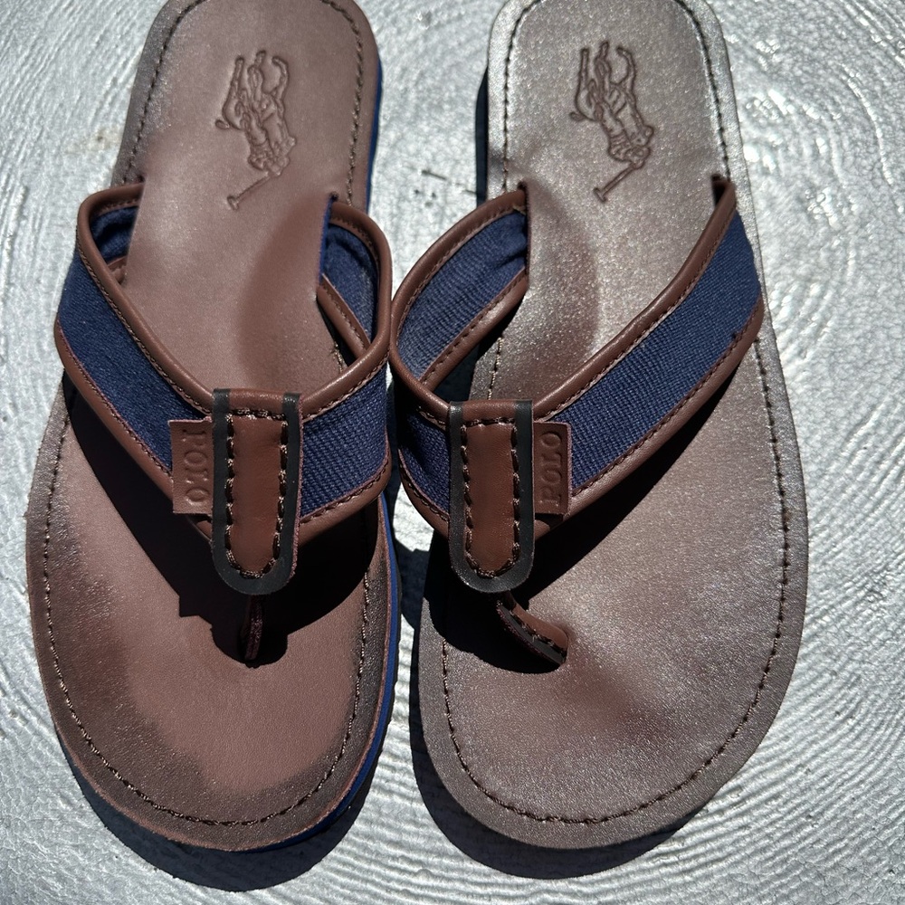 Ralph Lauren Brown and Blue Polo Flip Flops size 11
